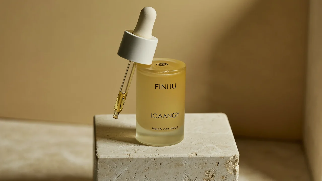 Mattiertes Tropfenfläschchen mit goldenem Serum auf einem Travertinblock, illustrative Darstellung.