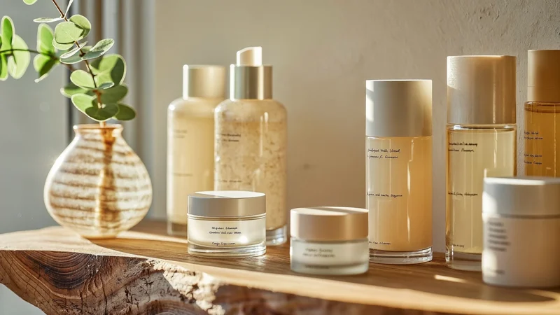 Holzregal in heller Boutique-Ecke mit unbeschrifteten Flaschen, Tiegeln und Eukalyptus, illustrativ.